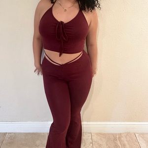 SHEIN Drawstring Knot Tied Backless Halter Top & Crisscross Pants set